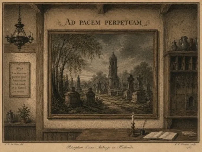 Grabado de una posada holandesa con un cuadro de cementerio bajo la inscripción «Ad pacem perpetuam», ilustración del artículo El continuum securitario y la Pax Romana