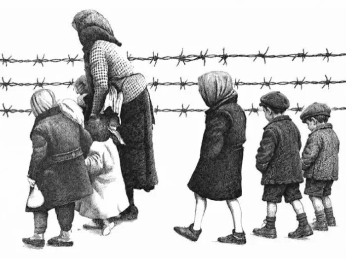 Dibujo a tinta de una mujer con varios niños que caminan junto a una alambrada de púas, imagen principal del artículo Hacia una vida no fascista: Teoría Crítica y Memoria